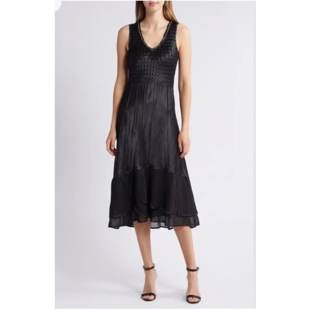 Komarov Black Charmeuse Chiffon Midi Dress Sleeveless Pleated Cocktail Sz Large